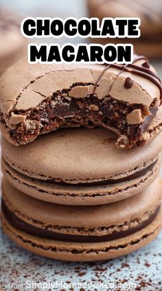 chocolate macaron cookies stacked on top of each other with the title overlay