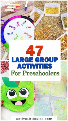 four different pictures with the words 47 large group activities for preschoolers to do on paper plates