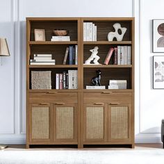 a bookshelf with two doors and wicker baskets on the bottom, in front of a white wall