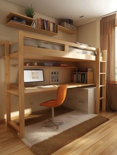 there is a desk with a computer on it and shelves above the desk, along with an orange chair