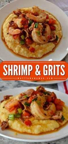 shrimp and grits on top of mashed potatoes