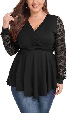 This Plus Size V Neck Lace Sleeve Peplum Knit Top is designed to flatter any figure with its airy silhouette and lace sleeve accents. It features a flattering V-neckline, plus size design, and a peplum waistline that adds shape and definition. It is perfect for any occasion and guaranteed to make a statement. 95% Polyester, 5% Spandex Imported Brand Size Dress Bust Waist Hip XS 0-2 31-32.5'' 23-24'' 31-34" S 4--6 33-35'' 25-26'' 35-37" M 8--10 35-36'' 27-28'' 38-39" L 12--14 38-40'' 29-31'' 40-4 Plus Size Pink, Winter Knit Hats, Plus Size Black, Boot Accessories, Neck Lace, Winter Knits, Lace Sleeves, Sunglass Frames, Boots Men