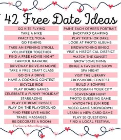 the four free date ideas for valentine's day are shown in pink and black