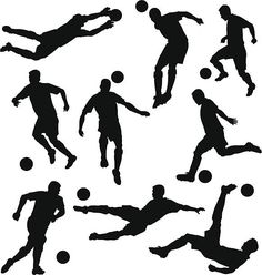 the silhouettes of soccer players are shown in different poses and positions, including one kicking the ball