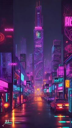 a city street at night with neon lights and tall buildings in the backgroud