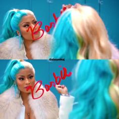 two pictures of a barbie doll with blue hair and white fur on it's head