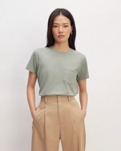 The Organic Cotton Box-Cut Tee Sage Green – Everlane Modern Cotton Tops With Side Pockets, Organic Cotton Crew Neck Tops With Pockets, Crew Neck Tops With Pockets In Organic Cotton, Relaxed Fit Organic Cotton Top With Pockets, Everlane Casual T-shirt, Everlane Cotton Short Sleeve Tops, Classic Tops With Side Pockets For Everyday, Relaxed Fit T-shirt With Pockets For Workwear, Everlane Casual Crew Neck Top