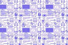 a purple and white wallpaper with many different types of electronic gadgets on it