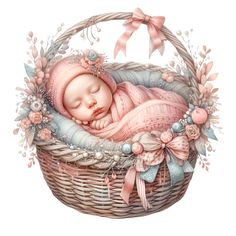 a painting of a baby in a basket with flowers and bows on it's head