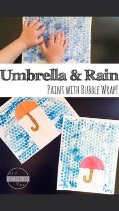 an umbrella and rain art project for kids to do with bubble wrappers on the table