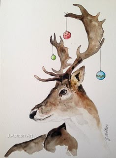 a painting of a deer with antlers on it's head and ornaments hanging from its antlers