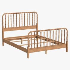 a wooden bed frame with no headboard and foot board on the bottom side, in front of a white background