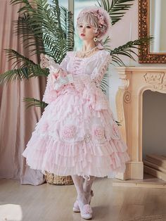 Flounce Layered Pink Hanayome Skirt Tea Party Rococo Style Skirt Scalloped Edge Trim Pink Rococo, Sleeves Blouse, Fairytale Dress, Rococo Style, Flounce Sleeve, Style Skirt, Dress Top, Lolita Dress, Marie Antoinette