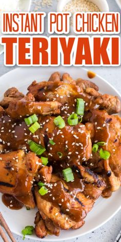 the instant pot chicken teriyaki is served on a white plate with chopsticks