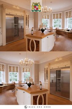 two pictures of a kitchen with an island in the middle and a wine cooler on the other side