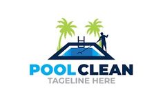 the pool clean logo is shown with palm trees and a man standing on an inflatable