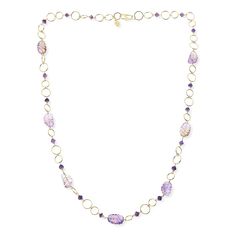 Rarities Gold-Plated Multigemstone 34" Necklace  Exotic carved gemstones and trendy, circle links, give this gold-plated necklace a chic, stylish edge. Choose Ametrine or Fluorite stations.       Approx. 34"L x 1/2"W      Stamped .925; 22-24K yellow gold-plated     S-hook closure     Circle-link chain necklace has carved gemstone ametrine with amethyst bead accents or fluorite stations with fluorite bead accents   Stone Information       All sizes and weights approximate     Purple Ametrine - Fr Carved Gemstones, Purple Fluorite, Large Necklace, Gold Link Chain, Cultured Pearl Necklace, Gold Bead Necklace, S Hook, Pretty Necklaces, Amethyst Beads