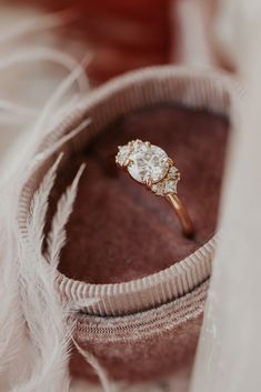 an engagement ring in a box with feathers