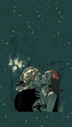 two people are kissing under the stars in the night sky, with one person holding his head