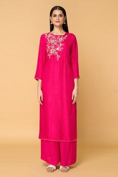 Rani pink straight kurta featuring floral motif in zardosi, salma and resham work with loop detailing on the side. Paired with a solid straight flared pant and a golden hem dupatta. - Aza Fashions Pink Straight Kurta With Intricate Embroidery, Festive Pink Kurta With Intricate Embroidery, Diwali Pink Kurta With Intricate Embroidery, Pink Kurta With Dori Work For Reception, Pink Dori Work Kurta For Reception, Pink Kurta With Intricate Embroidery For Festivals, Embroidered Slub Silk Pink Palazzo Set, Pink Embroidered Slub Silk Palazzo Set, Embroidered Pink Slub Silk Palazzo Set