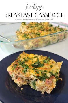 a casserole dish on a blue plate with text overlay that reads, breakfast casserole