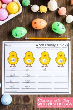 an easter word family worksheet with eggs and colored candies on the table