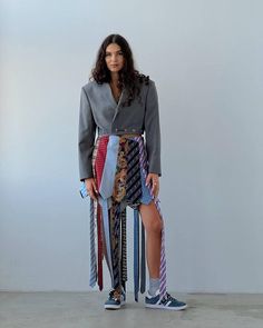 Skirt Made From Ties, Textile Fashion Design, Giggly Squad, Upcycle Ties, Fashion Process, Tie Outfit, Recycled Dress, Textiles Fashion