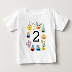 a white t - shirt with the words birth day boy surrounded by sesame characters on it