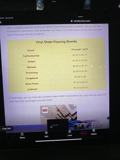 a tv screen showing an ad for vinyl sheet flooring brands, with prices displayed on it