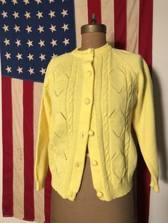 "Let's get that total up to a number you're proud to share with the council.   Yellow acrylic cardigan, great shape- no pulls I can find.  No pills really either.  Solid and soft. I washed it and it fluffed up great. Bust: 20\" Arm Length: 24\" Neck to hem: 27\" Questions? Ask!" Yellow Cardigan, Vintage Yellow, Jumpers And Cardigans, Vintage Boutique, Sweater Shop, Cardigans For Women, Cardigan Sweater, How Many, Sweater Outfits