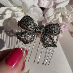 Vintage small marcasite bridal hair comb. This is a unique handmade bow hair accessory, up cycled from an original vintage Art Deco style brooch. This vintage up cycled silver tone bow shaped hair comb features a pretty Art Deco bow design set with marcasite stones. The perfect hair accessory for a bride, bridesmaid or prom.  These style brooches were popular in the 1950's and onward. The brooch pin is still intact and has been wired onto the hair comb, so that you could remove and wear again as a brooch if you wish. The comb bar has been beaded with metal beads.  What is marcasite? - Marcasite is a faceted grey stone called pyrite. All the stones are present but as a preloved, piece will show slight signs of wear relative to its age.  Vintage jewellery is another way to reduce your carbon Mother Of The Bride Jewelry, Vintage Jewelry Ideas, Bridal Hair Accessory, Bridal Jewelry Vintage, Vintage Hair Accessories, Wedding Hair Comb, Flower Hair Comb, Vintage Romance, Bow Hair Accessories