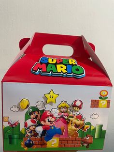 a red and white box with mario characters on it