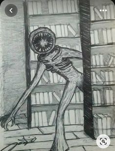 a drawing of a person with a clock on his head in front of bookshelves