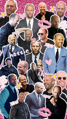 a collage of men in suits and ties with hearts on their foreheads,