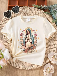 Young Girl Virgin Mary Printing Short Sleeved T-Shirt Apricot Casual  Short Sleeve Polyester Cartoon,Figure,Floral  Medium Stretch Summer Young Girls Clothing, size features are:Bust: ,Length: ,Sleeve Length: Jesus Love Shirts, Print Chiffon Dress, Girls 21st, Girls T Shirts, Long Sleeve Knitted Cardigan, Beauty Clothes, Kids Sleepwear, Virgin Mary, Girls Clothing