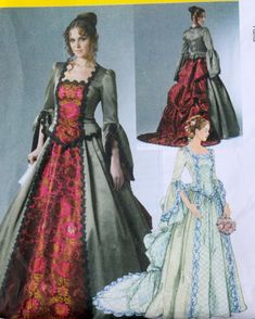 Here's a beautiful Victorian gothic style gown you can make yourself. Perfect for your next costume or cosplay, or even your wedding or any special occasion. Gown features: -  Bodice with flared sleeves -  Full Skirt -  Bustle and train -  Train is detachable -  Laces in back of bodice Size: 6 - 12 Bust: 30" - 34" Waist:  23" - 26"  Hip:  32" - 36" UNCUT, complete, LIKE NEW with instructions. Light wear to envelope due to storage. No musty odors.  Non-smoking home. LOTS more in our shop! http://www.etsy.com/shop/clutterina Long Sleeve Victorian Dress For Halloween, Long Sleeve Victorian Dress For Halloween Wedding, Long Sleeve Victorian Dress For Wedding And Halloween, Gothic Fitted Gown For Fancy Dress, Fitted Gothic Gown For Fancy Dress, Fitted Gothic Gown For Costume Party, Fitted Gothic Ball Gown For Costume Party, Vintage Fitted Gown For Halloween, Vintage Fitted Halloween Gown