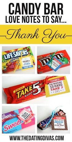 candy bar love notes to say thank you with the text on it and pictures of different flavors