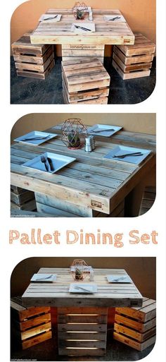 the pallet dining set is made out of wood and has been turned into a table