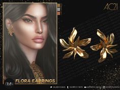 the earrings are designed to look like flowers and have gold leaves on them, as well as an image of a woman's face