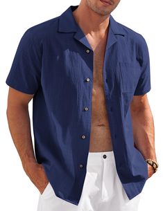 PRICES MAY VARY. [Breathable Fabric] Mens summer shirts are made of high quality cotton fabric. Soft to the touch, skin-friendly, lightweight and airy, it feels cool to wear on hot days. [Regular Fit] Mens cotton linen shirt with textured fabric, features a cuban collar, coconut buttons, and left chest patch pocket. Simple and elegant appearance, suitable for all-day wear. [Shirt Matching] Mens casual shirts short sleeve are a versatile item. Pair with shorts and sandals to create a casual look, Summer Solid Color Short Sleeve Button-up Shirt, Vacation Cotton Shirt In Solid Color, Cotton Vacation Shirt In Solid Color, Summer Shirt With Casual Collar In Solid Color, Solid Color Short Sleeve Shirt With Buttons For Summer, Solid Short Sleeve Shirt With Buttons For Summer, Solid Summer Shirt With Casual Collar, Solid Color Summer Camp Shirt For Beach, Relaxed Fit Solid Color Beach Shirt