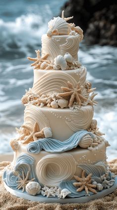 a three tiered cake on the beach with sea shells and starfish around it