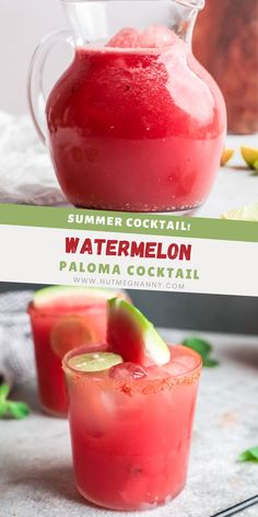 two glasses filled with watermelon drink next to each other