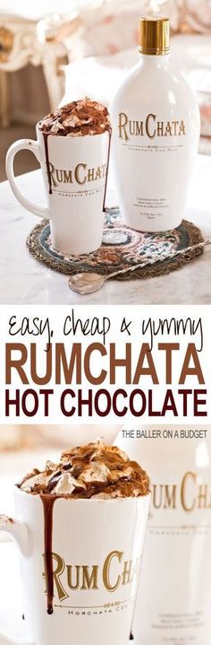 rumchata hot chocolate in two mugs on a plate with the caption rumchata hot chocolate