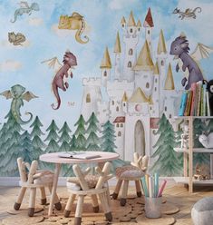 a child's room with a castle wall mural