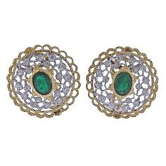 A pair of intricate 18k yellow and white gold earrings set with approx. 0.40ctw in diamonds and two emeralds approx. 1.66ctw DESIGNER: Buccellati MATERIAL: 18K Gold GEMSTONE: Diamond, Emerald CLARITY: VS DIAMOND: COLOR H DIMENSIONS: 25mm in diameter WEIGHT: 15 grams MARKED/TESTED: Buccellati Italy 18k CONDITION: Estate Green Diamond Earrings With Intricate Design, Diamond Filigree Earrings, Traditional Green Diamond Earrings For Formal Events, Traditional Green Diamond Earrings For Formal Occasions, Buccellati Jewelry, Gold Earrings Set, Diamond Gold Earrings, 18k Gold Earrings, Vs Diamond