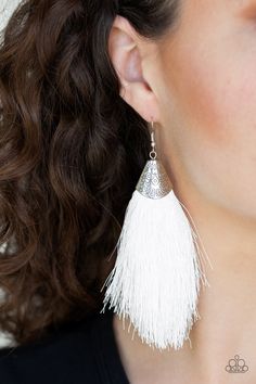 A plume of soft white thread is pinched between a shimmery silver fitting stamped in tribal inspired textures, creating a foxy tassel. Earring attaches to a standard fishhook fitting. Sold as one pair of earrings. P5SE-WTXX-112XX White Tassel Earrings, Chalcedony Crystal, Tassel Earring, White Tassel, Thread Earrings, Gold Diamond Necklace, Paparazzi Accessories, Affordable Jewelry, Earring Sale