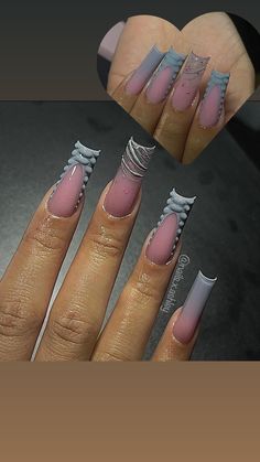 Grey French Tips, Abstract French Tip Nails, Nails Boujee, Abstract French Tip, Pink And Grey Nails, Grey Acrylic Nails, Grey Nails, Purple Acrylic Nails