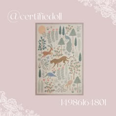 an image of a wall hanging with animals and trees on it's side, in pastel colors