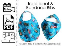 a baby bib with mickey mouse on it and the words, traditional & bandana bibs