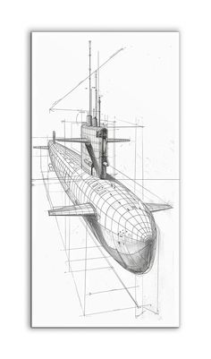 a drawing of a submarine on white paper